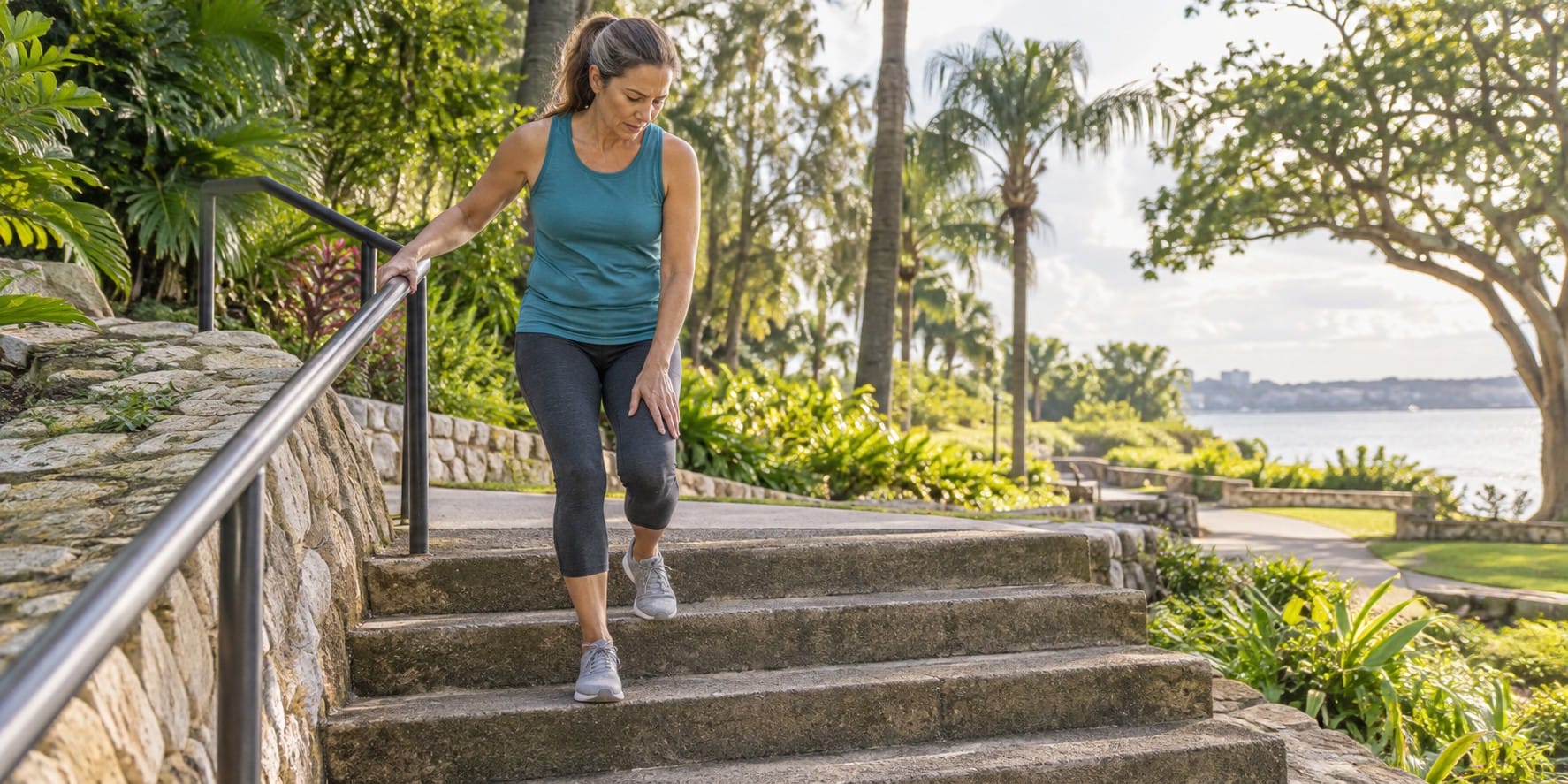 Woman holding a handrail and resting a hand on her knee while descending outdoor steps.