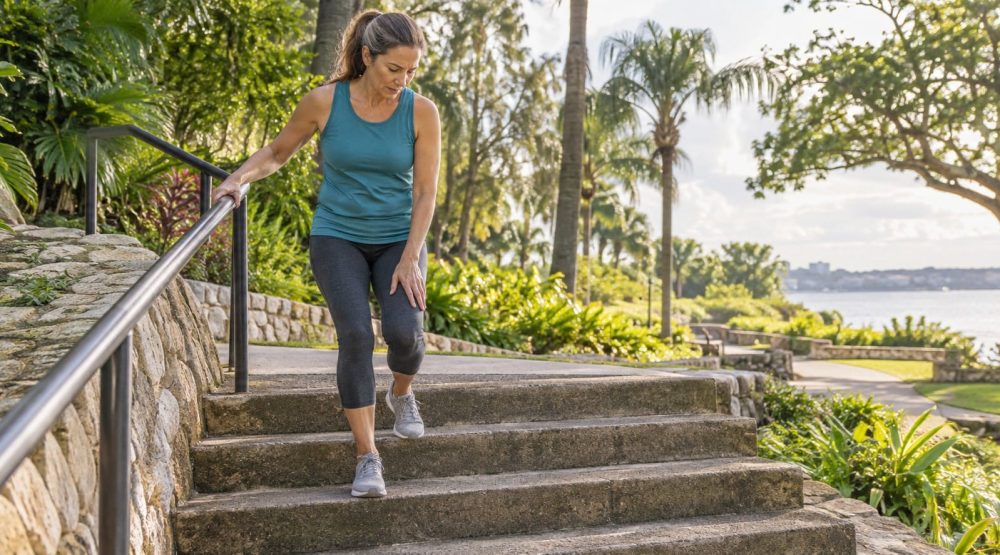 Woman holding a handrail and resting a hand on her knee while descending outdoor steps.