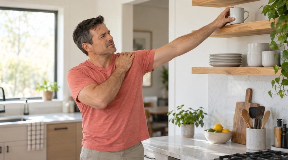 Man resting one hand on his shoulder while reaching for a mug on a kitchen shelf.